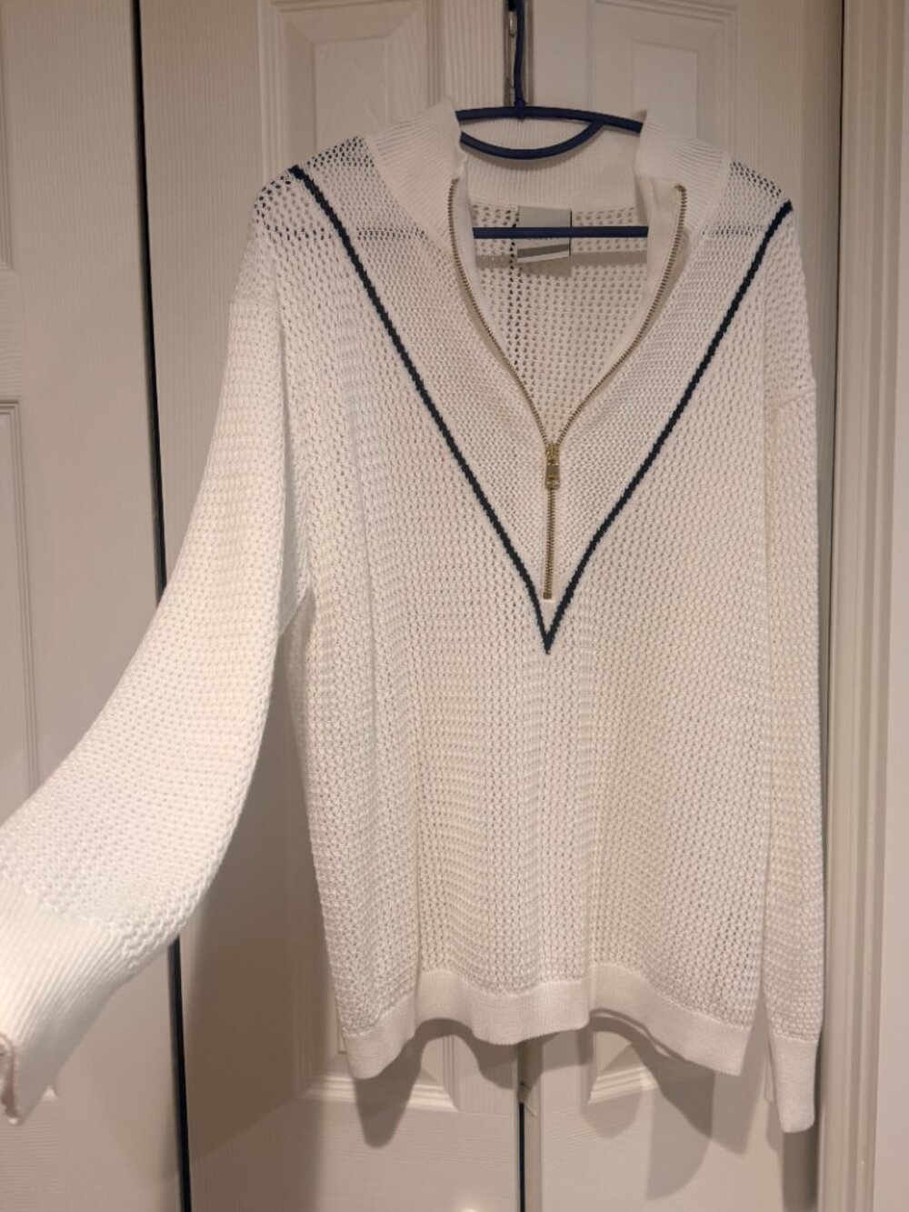 Varley "Calva" Knit Sweatshirt White Ivory Navy Half Zip Cotton Pullover - NWOT - Picture 8 of 12